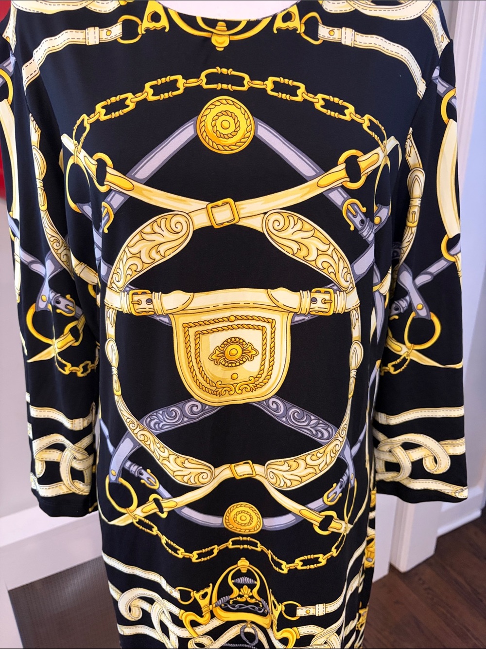 J. McLaughlin Black & Gold 3/4 Sleeve Equestrian Sophia Shift Dress. Size XL - Picture 4 of 9